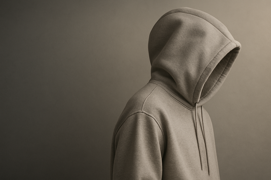 Professional winter/autumn website background for NS-Trendy. Minimalist clean style with a neutral gradient (dark gray to light gray). A modern unisex hoodie is partially visible from the side (shoulder and hood only), styled like a high-fashion editorial photo. Soft natural shadows, cozy winter vibe, premium aesthetic. High-resolution, no text, no logos, no words.
