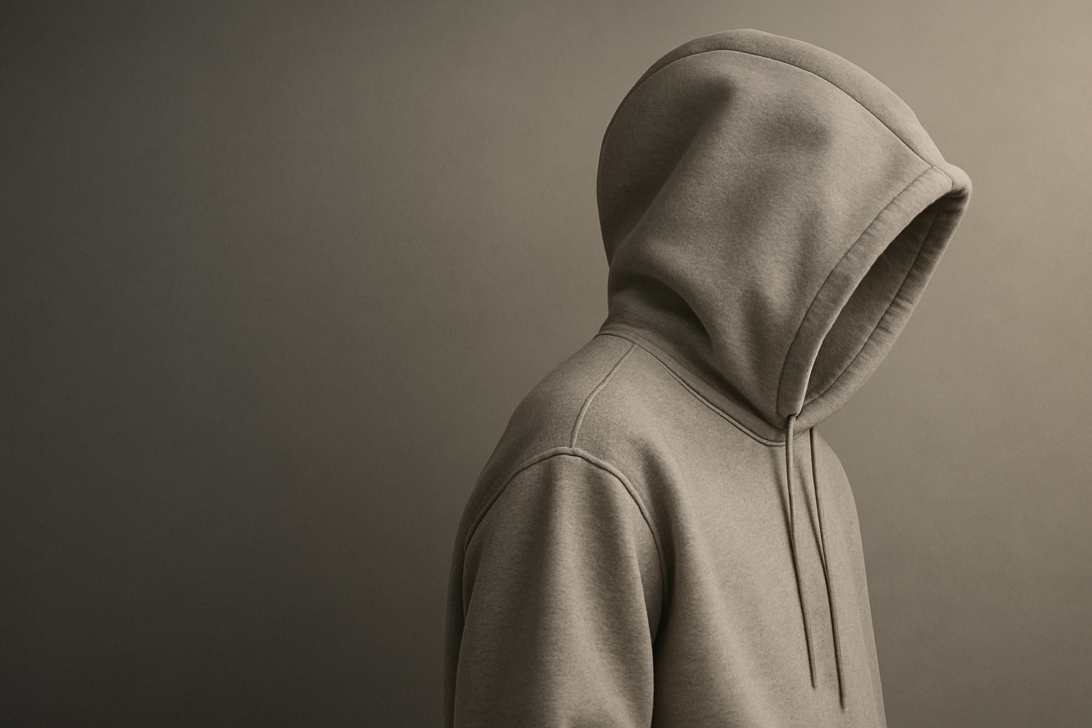 Professional winter/autumn website background for NS-Trendy. Minimalist clean style with a neutral gradient (dark gray to light gray). A modern unisex hoodie is partially visible from the side (shoulder and hood only), styled like a high-fashion editorial photo. Soft natural shadows, cozy winter vibe, premium aesthetic. High-resolution, no text, no logos, no words.

