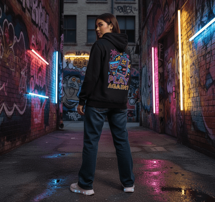 Retro 90s Arcade Oversized Hoodie | Neon Streetwear & Vintage 90s Style - NS - Trendy
